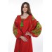 Boho Style Ukrainian Embroidered Dress "Boho Flowers" green on red 